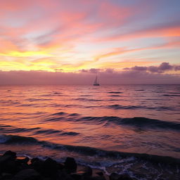 A serene ocean scene at sunset, with reflection of the vibrant colors of the sky on the water, gentle waves lapping against a rocky shore, and a silhouette of a lone sailboat in the distance