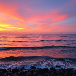 A serene ocean scene at sunset, with reflection of the vibrant colors of the sky on the water, gentle waves lapping against a rocky shore, and a silhouette of a lone sailboat in the distance