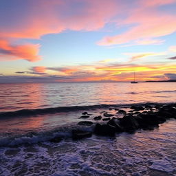 A serene ocean scene at sunset, with reflection of the vibrant colors of the sky on the water, gentle waves lapping against a rocky shore, and a silhouette of a lone sailboat in the distance