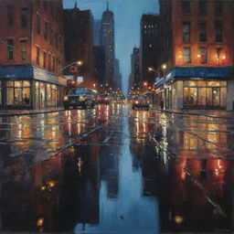 Oil painting of a nighttime New York City, lights glistening brightly on wet asphalt after rain, city landscape distorted in the shiny puddles.