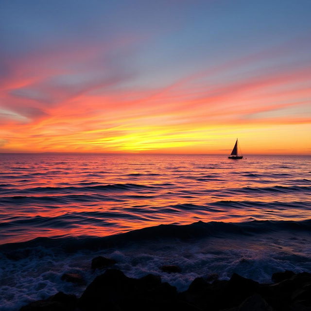 A serene ocean scene at sunset, with reflection of the vibrant colors of the sky on the water, gentle waves lapping against a rocky shore, and a silhouette of a lone sailboat in the distance