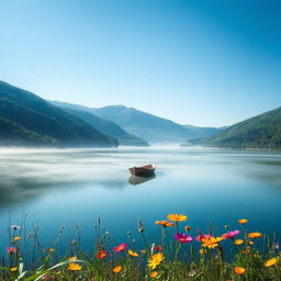 Ethereal landscape featuring a serene lake surrounded by lush green hills under a clear blue sky, a gentle mist hovering over the water, reflecting the sunlight beautifully