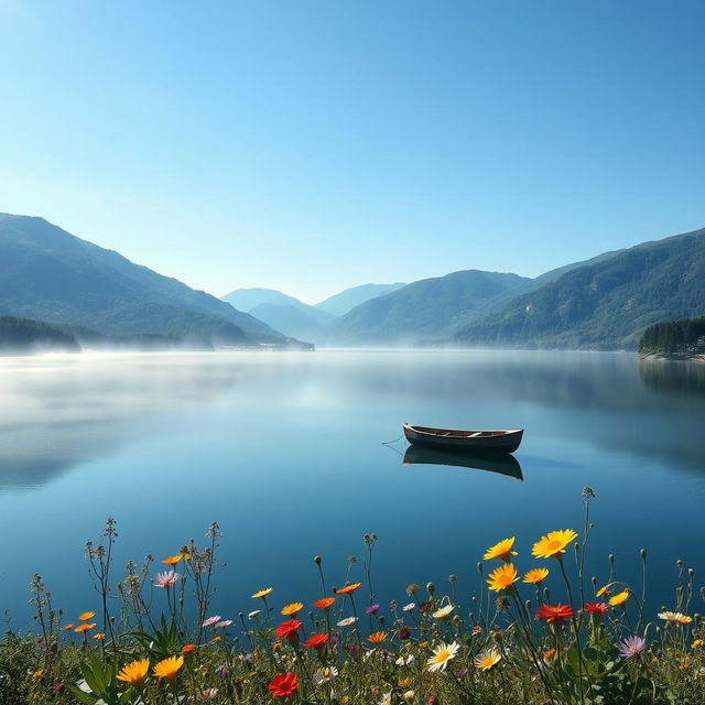 Ethereal landscape featuring a serene lake surrounded by lush green hills under a clear blue sky, a gentle mist hovering over the water, reflecting the sunlight beautifully