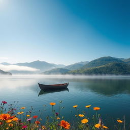 Ethereal landscape featuring a serene lake surrounded by lush green hills under a clear blue sky, a gentle mist hovering over the water, reflecting the sunlight beautifully