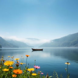 Ethereal landscape featuring a serene lake surrounded by lush green hills under a clear blue sky, a gentle mist hovering over the water, reflecting the sunlight beautifully