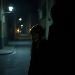 A mysterious and atmospheric scene of a girl walking alone on a dimly lit street at night