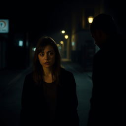 A mysterious and atmospheric scene of a girl walking alone on a dimly lit street at night
