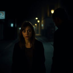 A mysterious and atmospheric scene of a girl walking alone on a dimly lit street at night