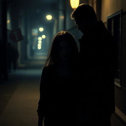 A mysterious and atmospheric scene of a girl walking alone on a dimly lit street at night