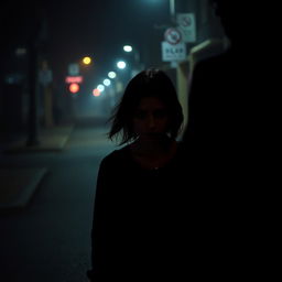 A mysterious and atmospheric scene of a girl walking alone on a dimly lit street at night