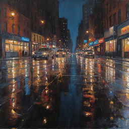 Oil painting of a nighttime New York City, lights glistening brightly on wet asphalt after rain, city landscape distorted in the shiny puddles.