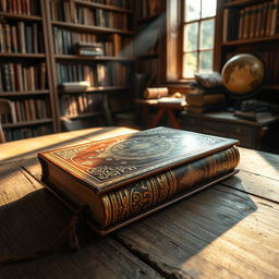 A mysterious, leather-bound ancient novel with intricate gold detailing on the cover, resting on an aged wooden table