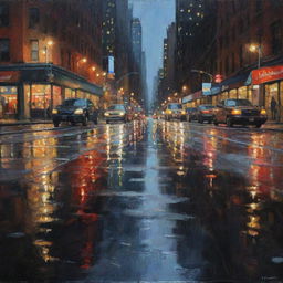 Oil painting of a nighttime New York City, lights glistening brightly on wet asphalt after rain, city landscape distorted in the shiny puddles.