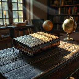 A mysterious, leather-bound ancient novel with intricate gold detailing on the cover, resting on an aged wooden table