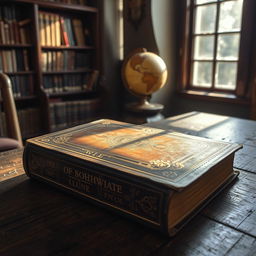 A mysterious, leather-bound ancient novel with intricate gold detailing on the cover, resting on an aged wooden table