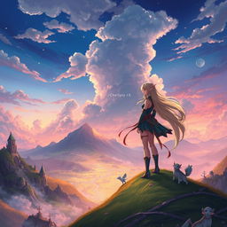 A fantasy scene illustrating an enchanting world inspired by anime, featuring mystical creatures and whimsical landscapes