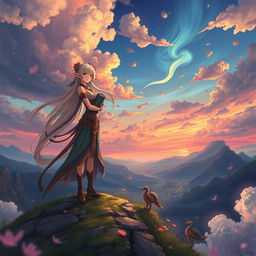 A fantasy scene illustrating an enchanting world inspired by anime, featuring mystical creatures and whimsical landscapes