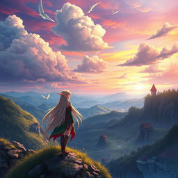 A fantasy scene illustrating an enchanting world inspired by anime, featuring mystical creatures and whimsical landscapes