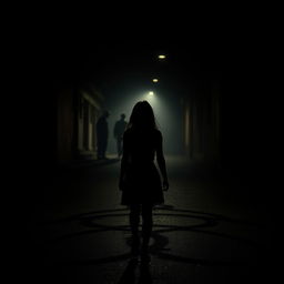 A mysterious and atmospheric scene capturing a girl walking alone on a dimly lit street at night, viewed from behind