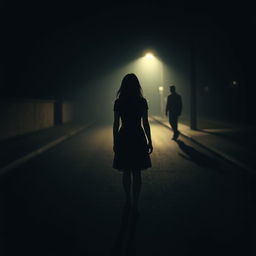 A mysterious and atmospheric scene capturing a girl walking alone on a dimly lit street at night, viewed from behind