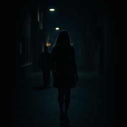 A mysterious and atmospheric scene capturing a girl walking alone on a dimly lit street at night, viewed from behind