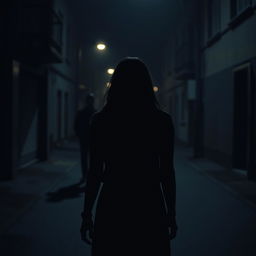 A mysterious and atmospheric scene capturing a girl walking alone on a dimly lit street at night, viewed from behind