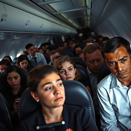 A crowded airplane interior, filled with passengers displaying sad expressions