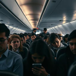 A crowded airplane interior, filled with passengers displaying sad expressions