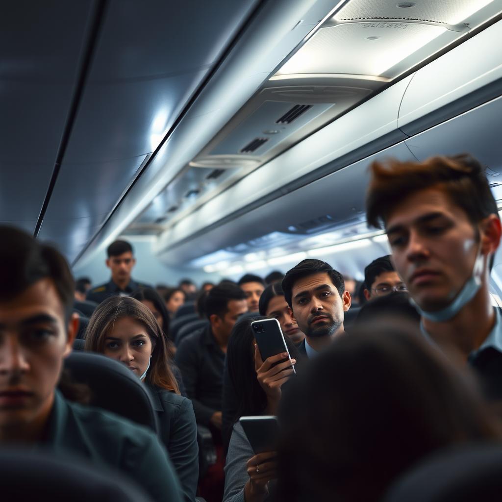 A crowded airplane interior, filled with passengers displaying sad expressions