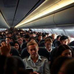 A crowded airplane interior, filled with passengers displaying sad expressions