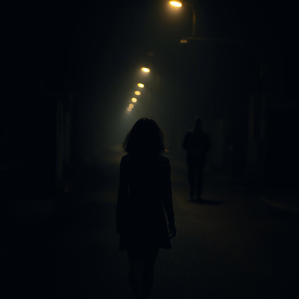 A mysterious and atmospheric scene showing a girl walking alone on a dimly lit street at night from a back-side perspective