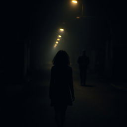 A mysterious and atmospheric scene showing a girl walking alone on a dimly lit street at night from a back-side perspective