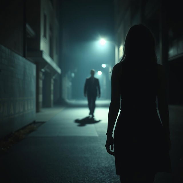 A mysterious and atmospheric scene showing a girl walking alone on a dimly lit street at night from a back-side perspective