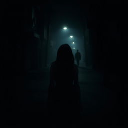 A mysterious and atmospheric scene showing a girl walking alone on a dimly lit street at night from a back-side perspective