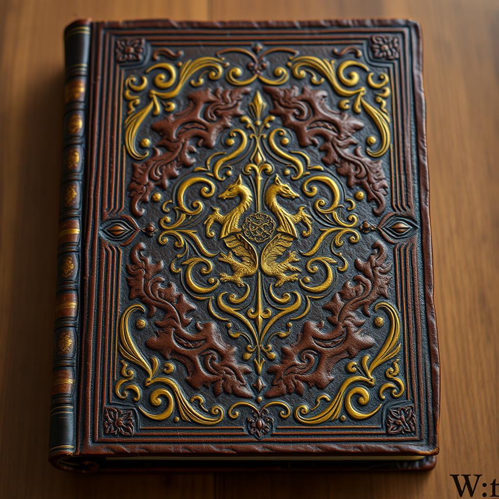 Front cover of a mysterious, leather-bound ancient novel with intricate gold detailing