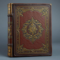 Front cover of a mysterious, leather-bound ancient novel with intricate gold detailing