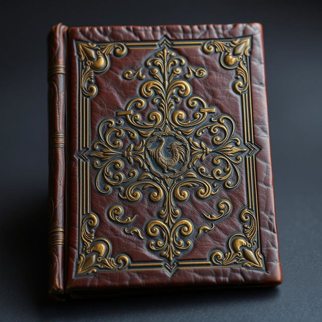 Front cover of a mysterious, leather-bound ancient novel with intricate gold detailing