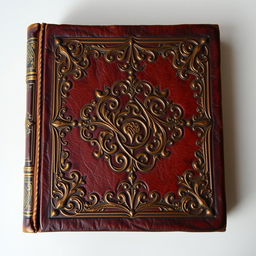 Front cover of a mysterious, leather-bound ancient novel with intricate gold detailing