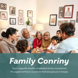 A comforting and supportive family counseling session, featuring a diverse family sitting in a cozy, well-lit room