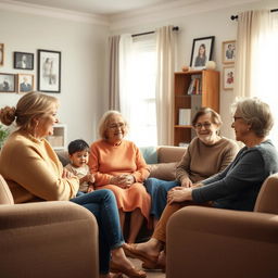 A comforting and supportive family counseling session, featuring a diverse family sitting in a cozy, well-lit room