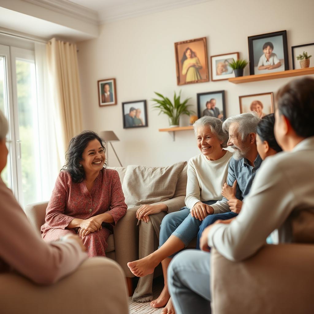 A comforting and supportive family counseling session, featuring a diverse family sitting in a cozy, well-lit room