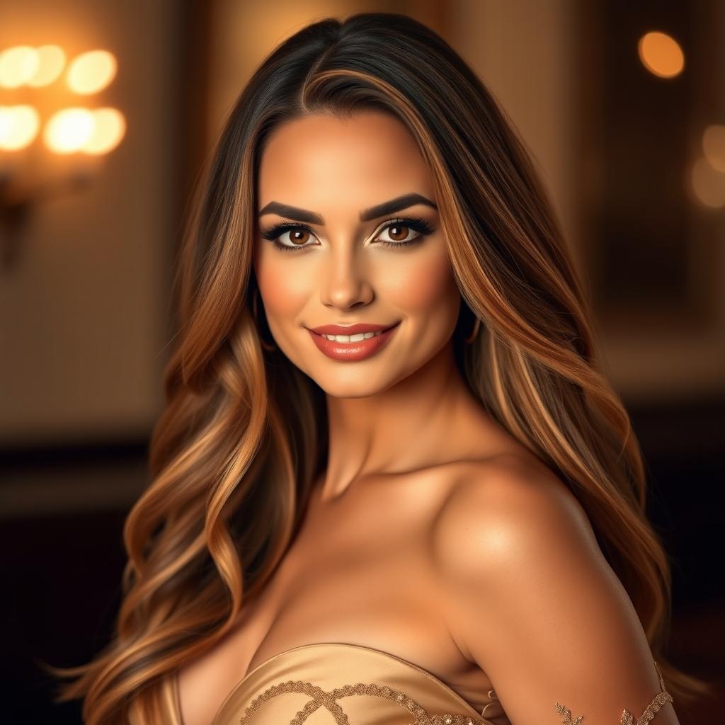 A glamorous portrait of a confident woman in an elegant evening dress, her long, flowing hair cascading over her shoulders