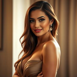 A glamorous portrait of a confident woman in an elegant evening dress, her long, flowing hair cascading over her shoulders