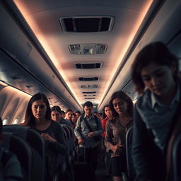 A scene inside an airplane where passengers are moving down the aisle with sad expressions