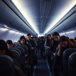 A scene inside an airplane where passengers are moving down the aisle with sad expressions