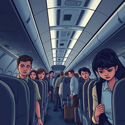 A scene inside an airplane where passengers are moving down the aisle with sad expressions