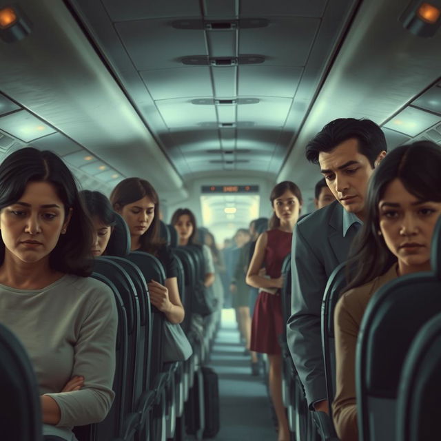 A scene inside an airplane where passengers are moving down the aisle with sad expressions