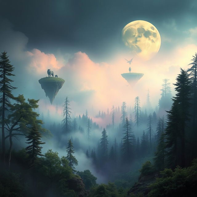 A mysterious landscape with a surrealistic twist; a foggy forest with surreal elements like floating islands, a large moon in the sky, and ethereal creatures roaming around