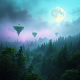 A mysterious landscape with a surrealistic twist; a foggy forest with surreal elements like floating islands, a large moon in the sky, and ethereal creatures roaming around