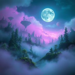 A mysterious landscape with a surrealistic twist; a foggy forest with surreal elements like floating islands, a large moon in the sky, and ethereal creatures roaming around